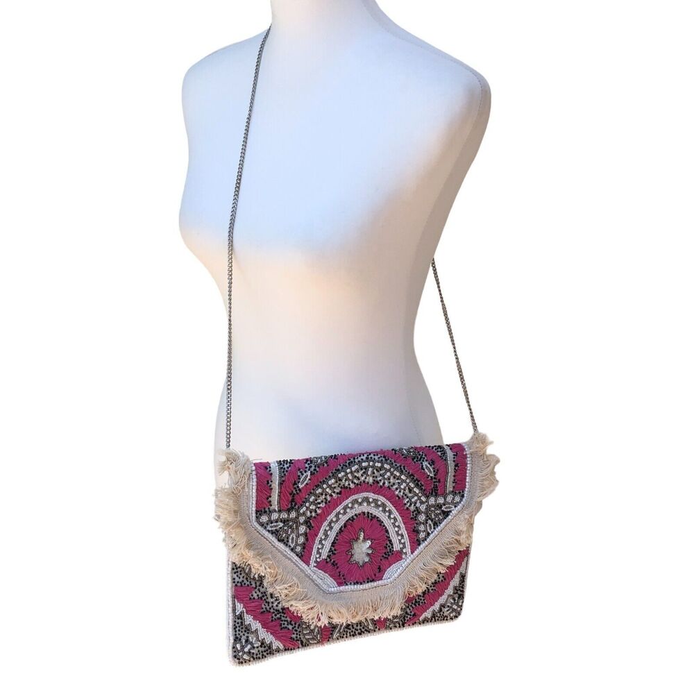 Lobe Love Pink and Cream Boho Embroidered Gypsy‎ Fringe Bead Cross Body Bag